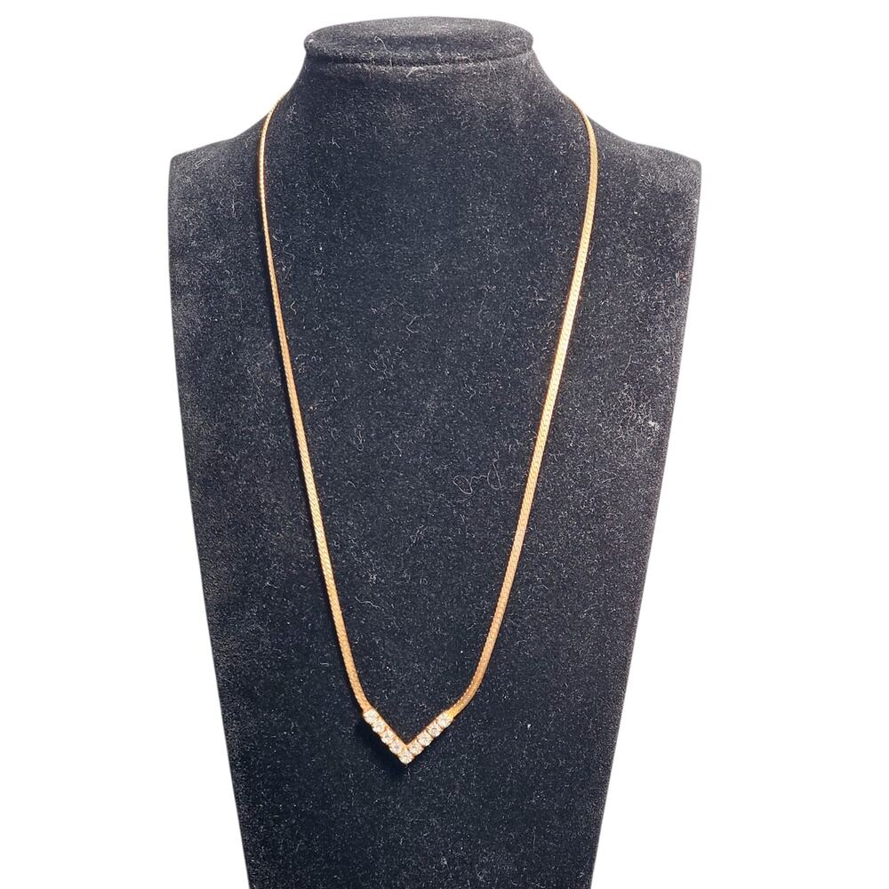 Clear Rhinestone Chevron Necklace Gold Tone 16" Vtg